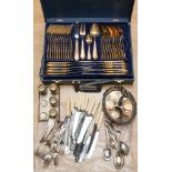 A cased gold plated Solingen canteen of cutlery with a box of EPNS flatware,