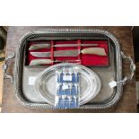 Collection of items including silver plated tray, faux horn carving set,