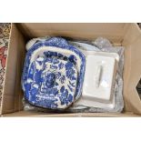 A collection of ceramics comprising blue and white tureen meat plate, two further meat plates,