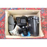 Two cased pairs of binoculars and a Zenith 3E HNT camera in casing and with instructions