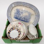 A 'Humphrey clock' blue and white meat plate with assorted ceramics (one box)