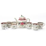 A collection of New Hall type coffee cans and a Worcester famille rose canon ball teapot (7)