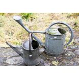 Two watering cans, aluminium,