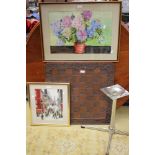 A modern floral watercolour, a woolwork,