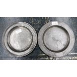 Two pewter plates, plate one nine inch approx single reed by an unknown maker,