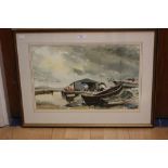 Watercolour painting of boats, indistinctly signed. Framed & glazed. Measures approx.