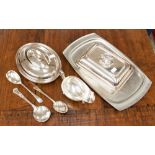 Two EPNS serving dishes and covers, three various serving spoons,