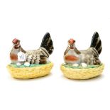 A pair of Staffordshire Chicken (egg boxes) painted as Plymouth Rock Chickens