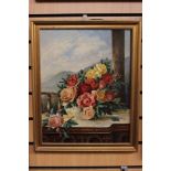 Late-19th/early-20th century oil on board depicting roses, framed, 50cm x 40cm. Unsigned.