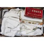 A box of assorted table linen, including lace,