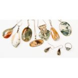 Moss agate pendants (silver surround) and silver charms;