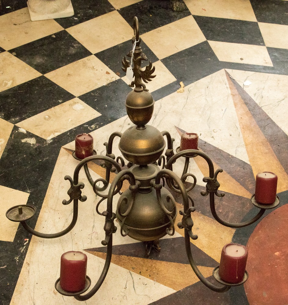 A Spanish style six branch chandelier, with double headed eagle finial,