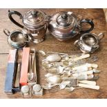 A four piece Civic EPBM tea service and two ink wells and a collection of cutlery (1 box)