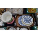 Two Staffordshire jardiniere with blue and white meat plate, cake stand,