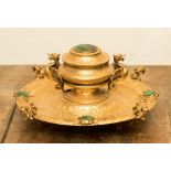 A 19th Century gilt metal ink stand set with malachite,