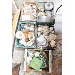 A large collection of ceramics including Wedgwood jasper ware, Royal Crown Derby bird paperweight,