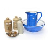 Blue washstand Jug and Bowl and three earthenware water bottles.