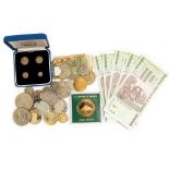 Maundy set 1902 in blue case with a bag of coins and banknotes.