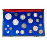 A cased set of 20 specimin Coins, includes Crown, Double Florin, Halfcrown, Florin, Shilling,