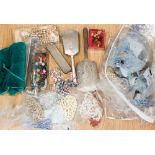 Silver dressing table set and bag of costume jewellery, to include a white metal fancy chain belt,