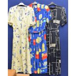 A collection of Summer dresses, a navy/white abstract pattern, early 1980s ,