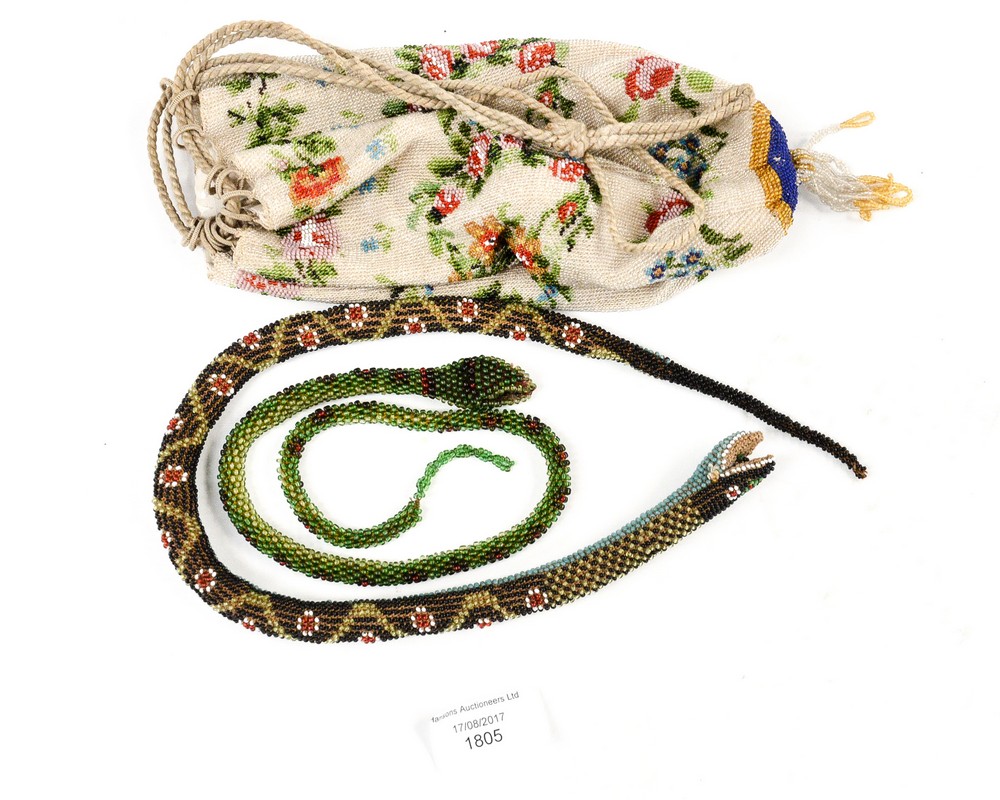 Two beadwork toy snakes; together with a beaded drawstring bag,