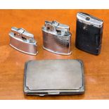 A silver pocket cigarette case, Birmingham 1939, Joseph Gloster and three pocket lighters,