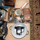 A parcel lot to include barometer, enamel bowls, sewing box, metal ware etc,