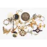 A collection of vintage costume jewellery and badges, a marcasite and pearl brooch,