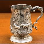 A George III baluster tankard, later embossed with farm scene of cows and sheep in a field,