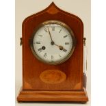 A late 19th century mahogany and satinwood inlaid bracket clock, ogee case, enamel Roman dial,