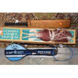 A boxed Playsure garden croquet set, with a Sugg cricket bat, Badminton racquets,