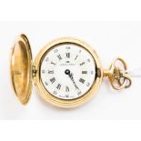 A yellow metal Continental ladies pocket watch by Jacuet Droz, Swiss made. Glass cover a/f.