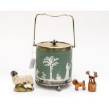 County Artist sheep and lamb, Wedgwood biscuit barrel, two toy wooden animals.