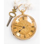 An 18ct gold small pocket watch, keywind movement, floral engraved dial and case,