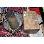 Metalware, footed copper coal scuttle, lion-headed twin handle,