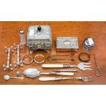 A plated vesta box, an EPNS single tea caddy, perfume bottle, a pair of small silver napkin rings,