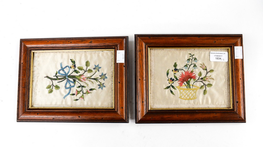 Two 18th Century needlework pictures on silk, bouquets of flowers,