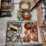 Three boxes of metalware including cycle lamp, brassware flagon, kettles pewter,