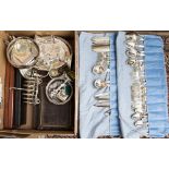 A box of EPNS to include boxed and cased flatware candelabra, toast rack,