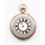 A silver small half hunter pocket watch, crown winding movement,