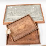 A large Gladstone bag a/f, two India trays and a 'Last Supper' framed,