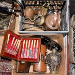 Two boxes of metalware, including cloissone, brass,
