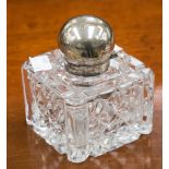 A silver topped cut glass square inkwell London 1902, manufacturer initials J.G.