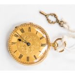 An 18ct gold small pocket watch floral pattern dial and outer case keywind movement 41mm case size