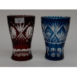 Two Bohemian overlay glass vases, blue and one red,