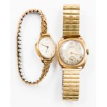 A gentleman's 9ct gold CYMA wristwatch with stretchable strap, with a ladies 9ct gold wristwatch J.