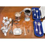 Collection of silver spoons etc, cups, ashtray, including Georgian silver tongs 1793 and 1824,