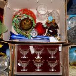 A collection of glass including: Murano duck and clown; boxed set of Stuart crystal dessert bowls,