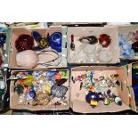 Four boxes of glassware, including Studio glass vases and bowls, Murano glass Clowns,